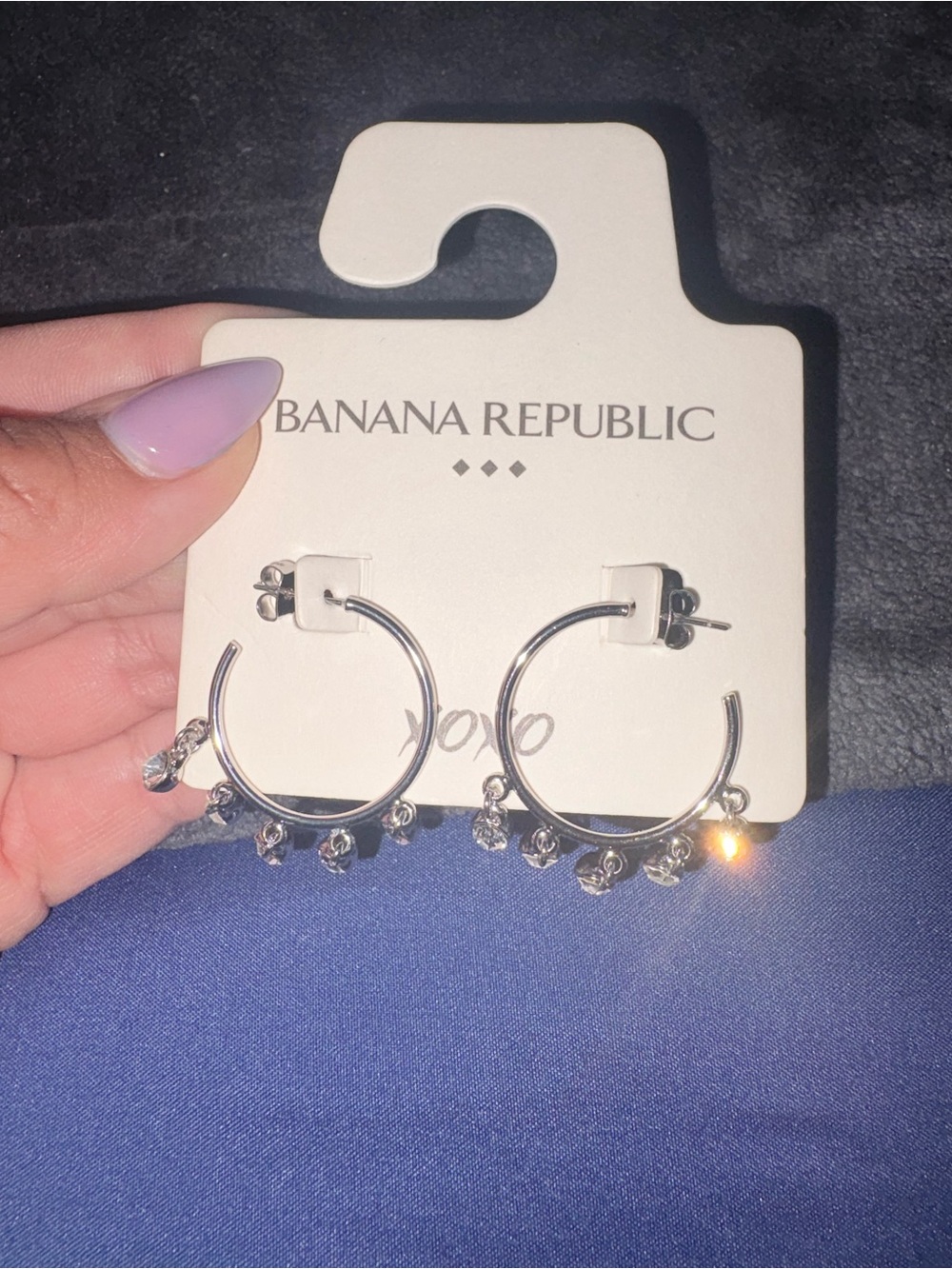 Oxo Silver Hoop Earrings with Dangling Crystal Charms